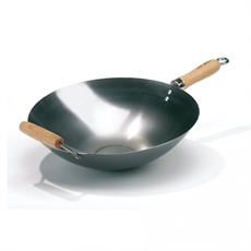 Stor wok med rund botten och trähandtag med metallögla för upphängning, 35 cm i diameter.